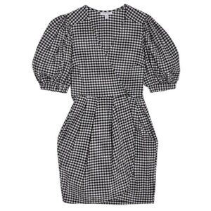 Topshop Black & White Gingham Puff Sleeve Wrap Mini Dress Size 6